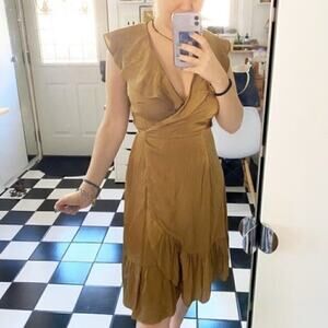FRNCH olive green ruffle wrap midi dress  M/L NWT